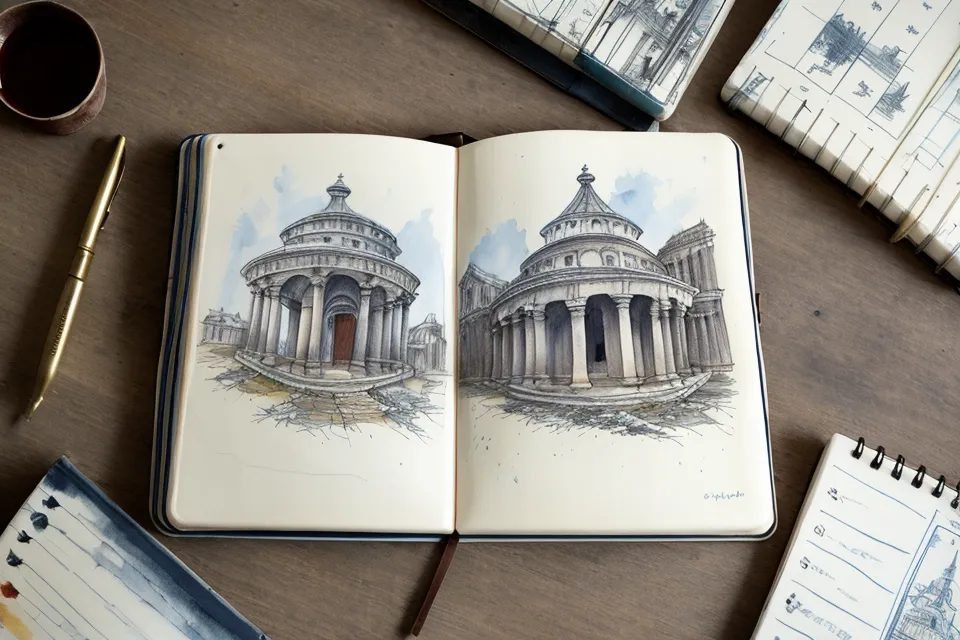 Ein Skizzenbuch mit Reisezeichnungen von Heidelberg und ein kleiner Aquarellkasten.