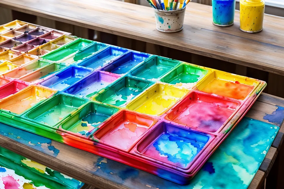 Aquarellfarben und ein benutztes Küchentuch auf einem Holztisch.