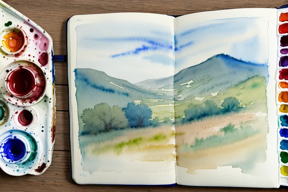 Fertiges Aquarellbild mit weichen Wolkeneffekten in einem Skizzenbuch.