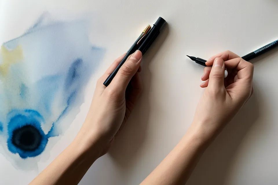 Detailaufnahme eines 0.1 mm Fineliners beim Zeichnen auf strukturiertem Aquarellpapier.
