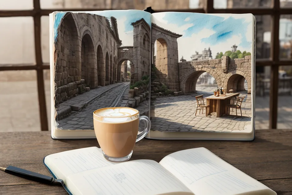 Ein offenes Skizzenbuch mit einer Aquarell-Stadtskizze auf einem Cafétisch neben einem Milchkaffee.