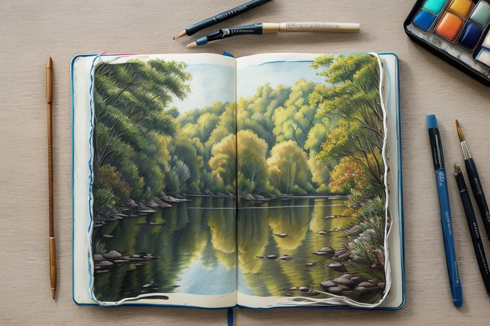 Offenes Skizzenbuch mit einer schnellen Aquarellstudie von Wasser und Baumspiegelungen, gemalt von einer Aquarell-Anfängerin im Ruhestand.