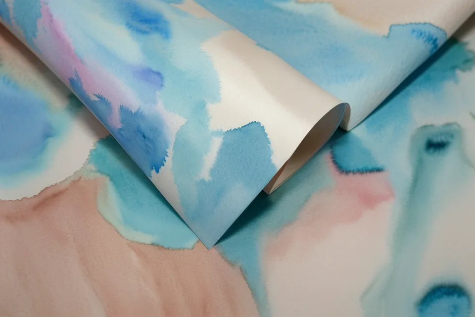 Nahaufnahme von Aquarellpapier mit einer ersten blauen Farbschicht.