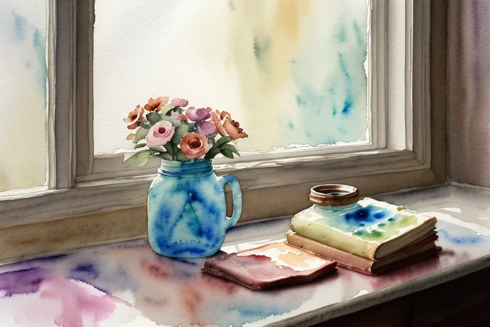 Ein misslungener Aquarellversuch mit verlaufenen Farben und einem alten Marmeladenglas.