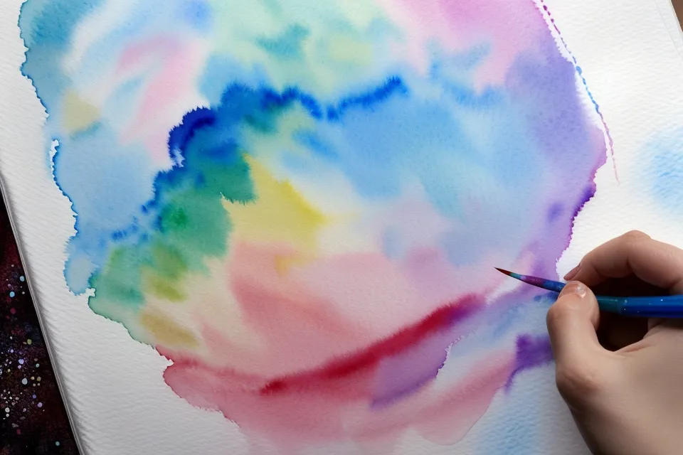Detailaufnahme einer Aquarelllasur, bei der verschiedene Farbschichten übereinander liegen.