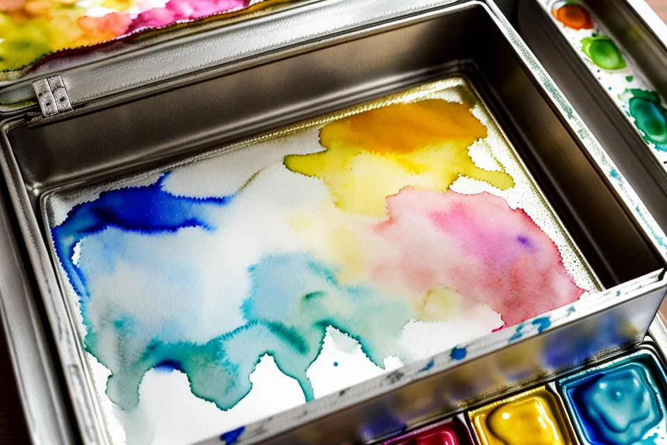 Detailaufnahme eines Aquarellkastens mit bunten Farben auf einem Holztisch