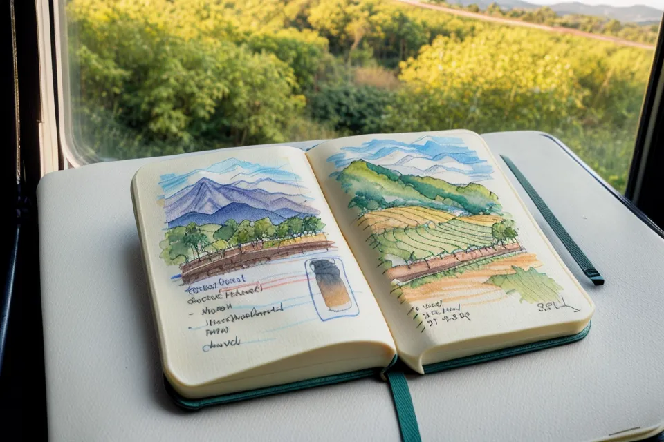 Ein Skizzenbuch mit einer Aquarellzeichnung auf einem Tisch im Zug