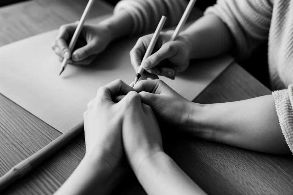 Nahaufnahme einer Hand, die einen Bleistift ganz leicht für eine Aquarell-Vorzeichnung hält.