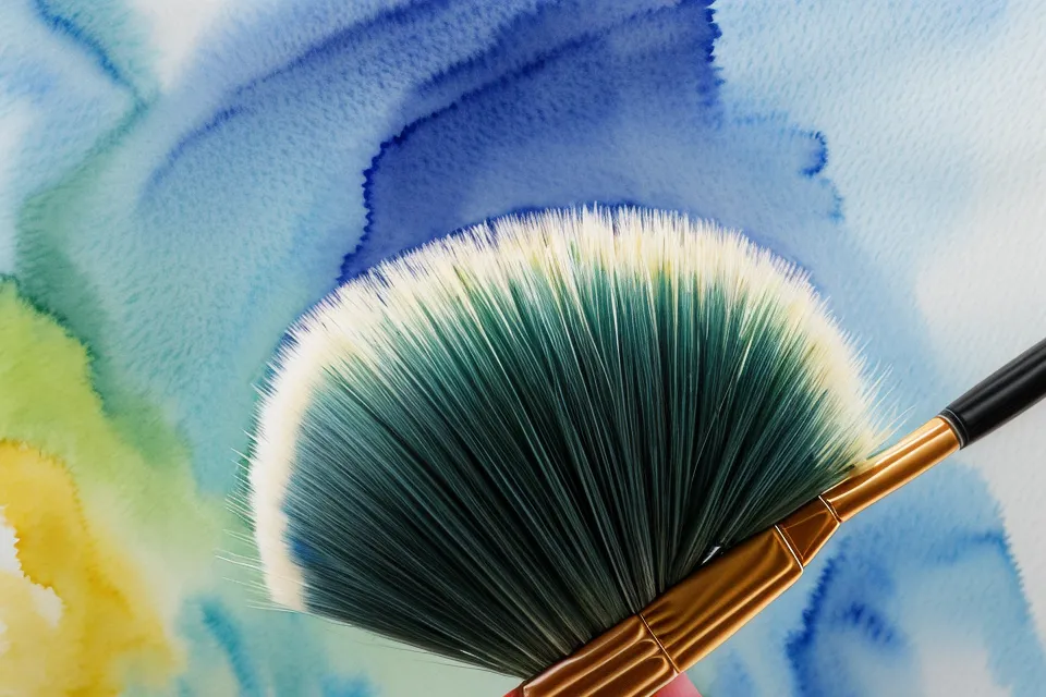 Nahaufnahme eines Aquarellpinsels, der blaue Farbe auf strukturiertem Papier verteilt.