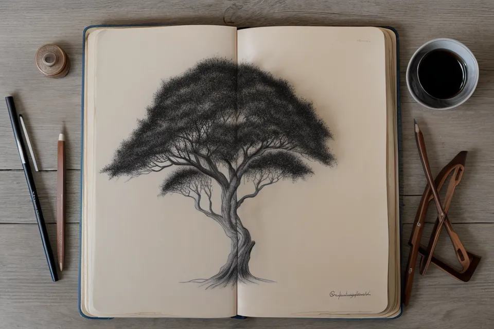 Ein Skizzenbuch mit einem misslungenen grauen Baum und einer gelungenen Blatt-Skizze.