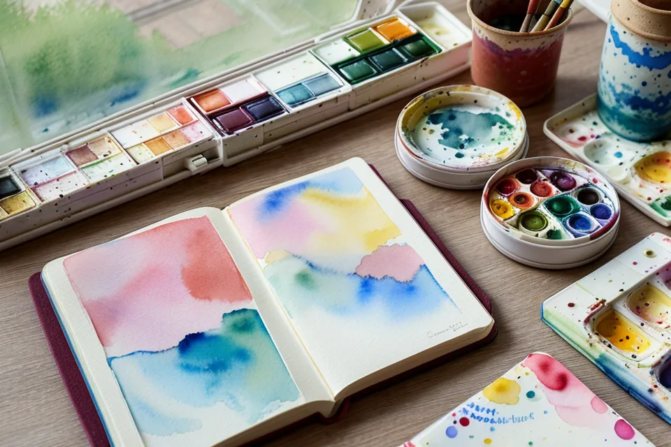 Ein kleines Aquarell-Reiseset auf einem Tisch im Zug mit Blick aus dem Fenster.