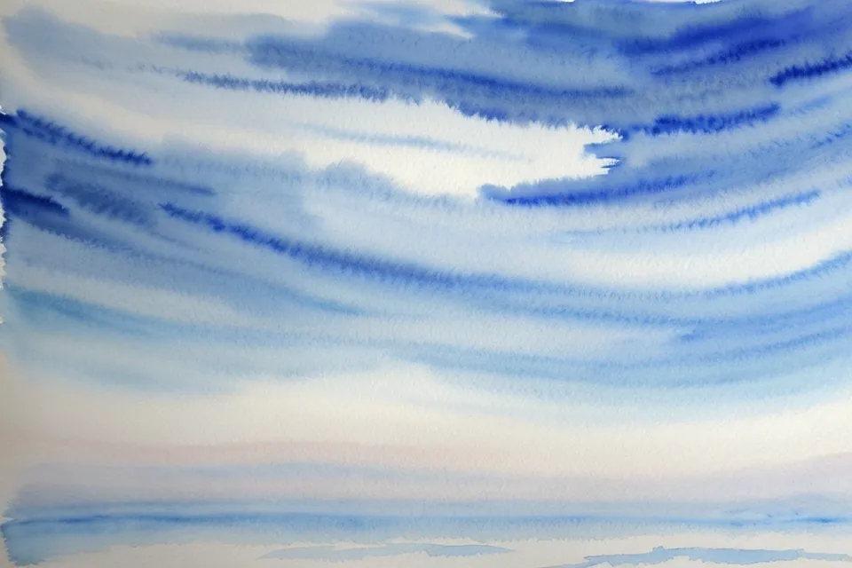 Nahaufnahme eines gemalten Aquarell-Himmels mit weißen Wolkenlücken auf strukturiertem Papier.