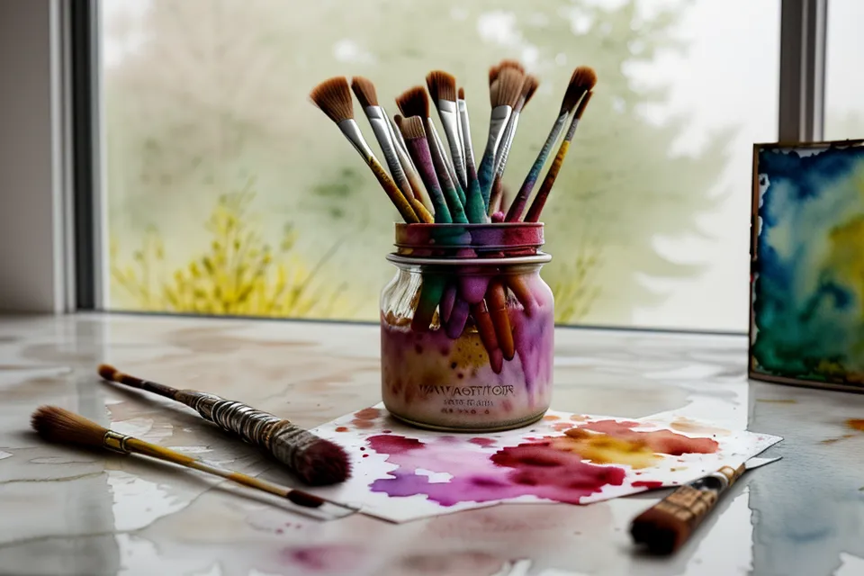Aquarellpalette mit Hauttönen und Pinseln auf einem hellen Tisch.