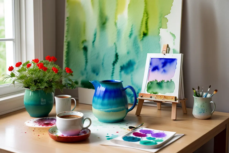 Dicker Aquarellpinsel neben frisch gemischten Farben als Werkzeug für lockeres Aquarell malen