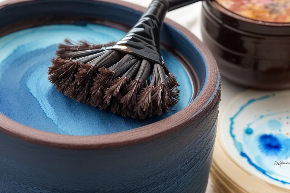 Nahaufnahme eines Pinsels, der dunkle Aquarellfarbe für starken Kontrast auf grobkörniges Papier aufträgt.