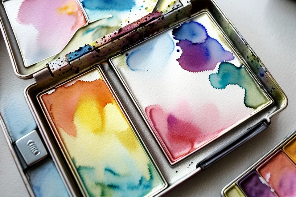 Detailaufnahme eines Aquarellkastens mit 12 Farben für Anfänger
