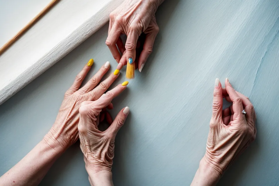 Frauenhand malt mit Aquarellfarben auf strukturiertem Papier