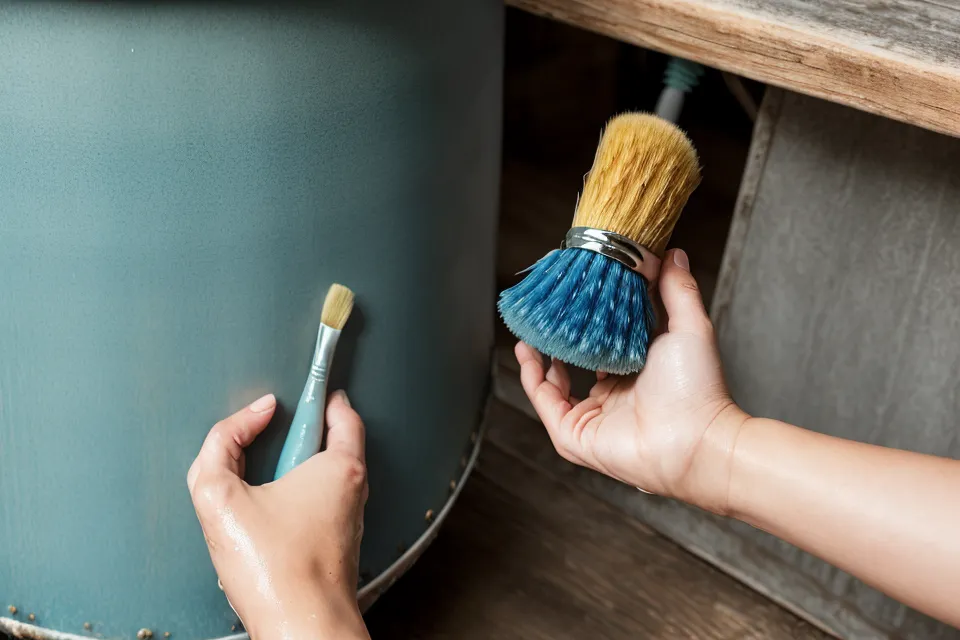 Nahaufnahme einer Hand mit Wassertankpinsel beim Malen einer Aquarell-Skizze auf strukturiertem Papier.