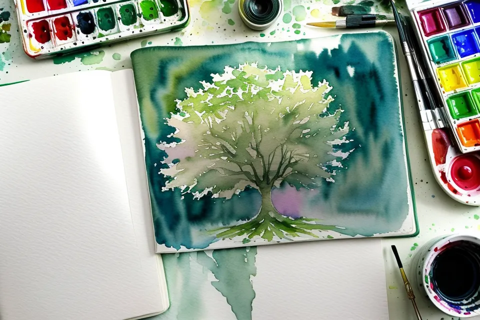 Eine misslungene, aber charmante Aquarellskizze eines Baumes mit einem Farbfleck in einem Skizzenbuch.