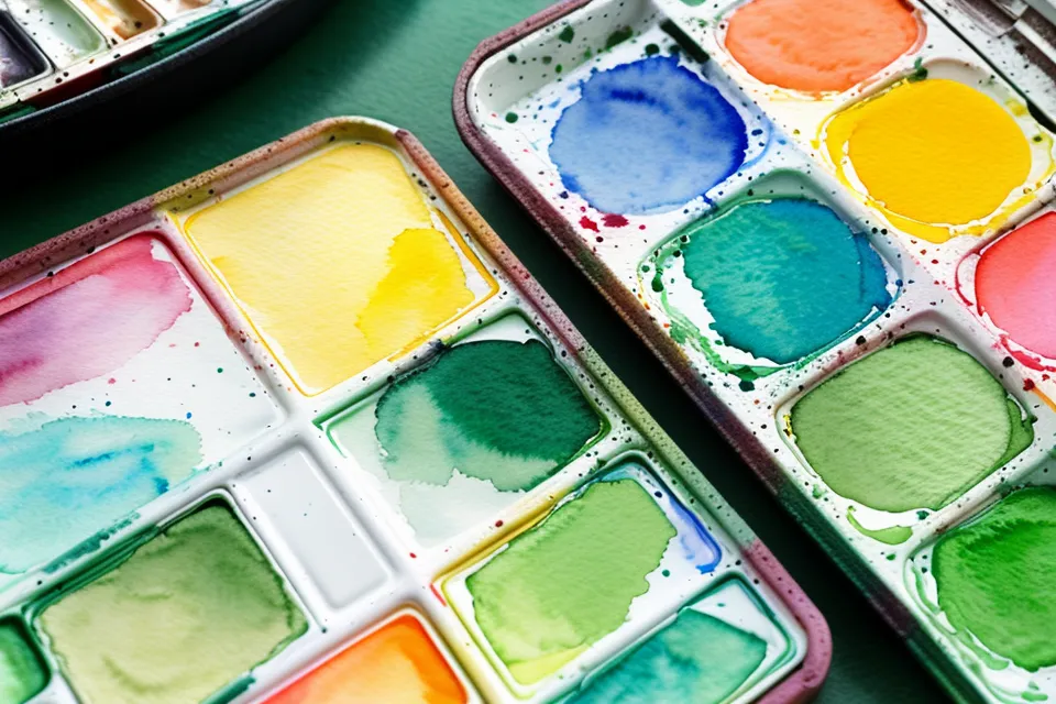 Nahaufnahme einer Aquarellpalette beim Mischen von natürlichen Grüntönen.