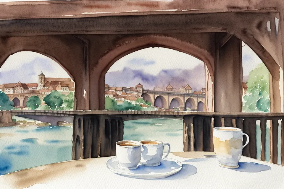Eine gelungene Aquarell-Skizze der Alten Brücke in Heidelberg auf einem Cafétisch.