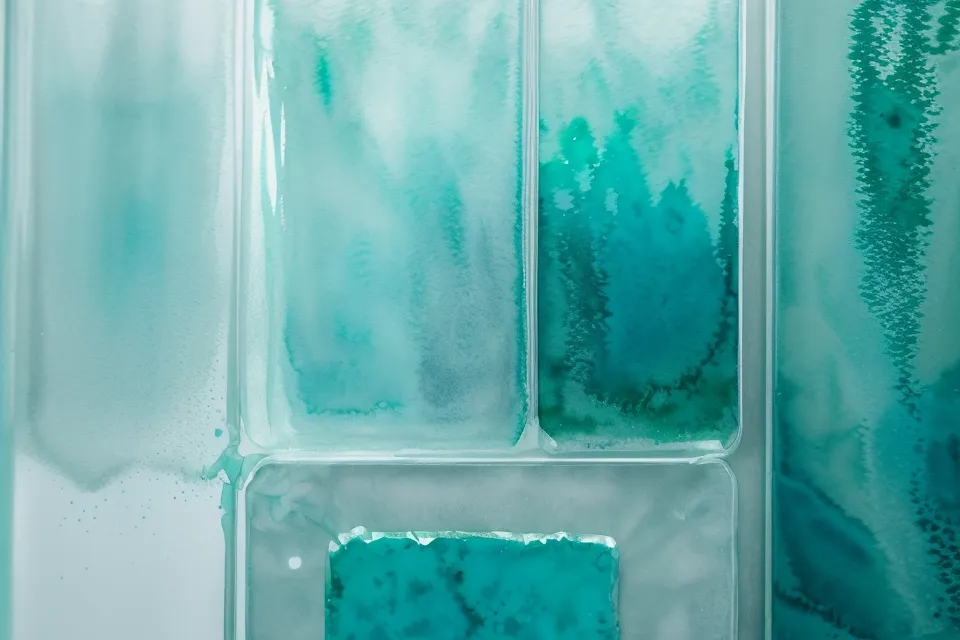 Frischhaltefolie wird auf nasse Aquarellfarbe gedrückt, um abstrakte Strukturen und Linien zu erzeugen.