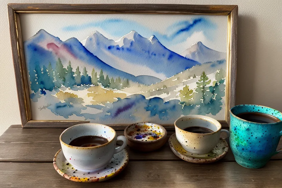 Fertiges Aquarellbild mit Salz- und Folienstrukturen auf einem Holztisch in der Morgensonne.