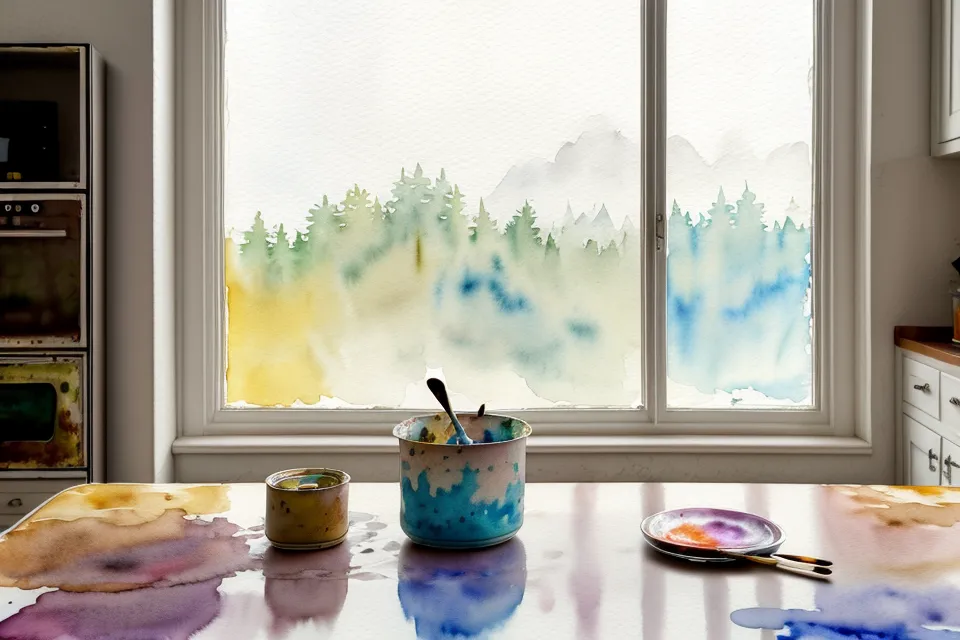 Ein misslungenes Aquarellbild mit verlaufenen Farben auf einem Küchentisch.
