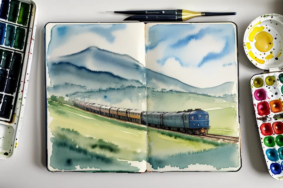 Ein Reiseskizzenbuch und Aquarellfarben während einer Zugfahrt nach Heidelberg.