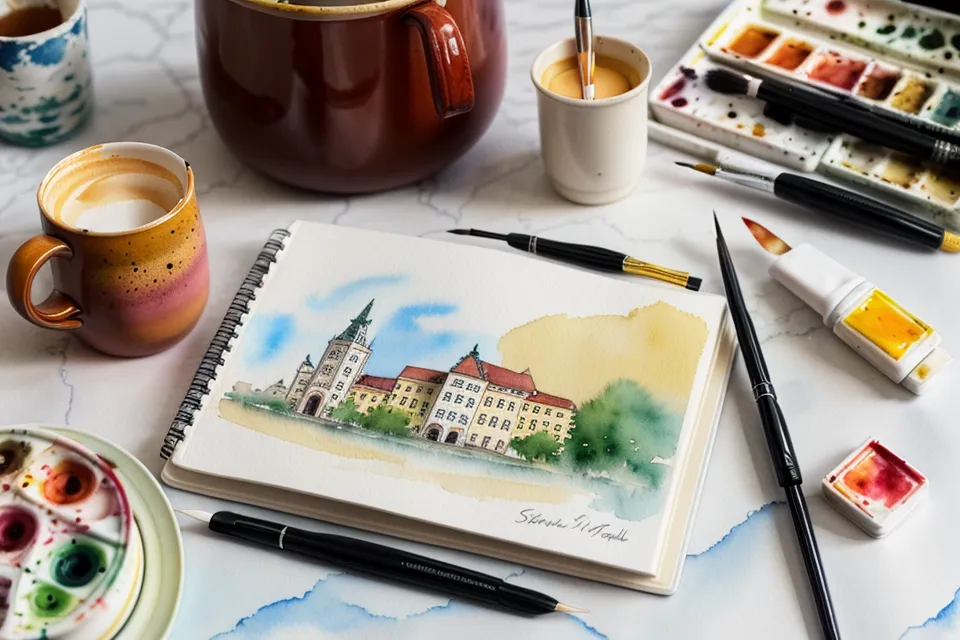 Reise-Aquarellkasten und Skizzenbuch für Urban Sketching Anfänger auf einem Cafétisch
