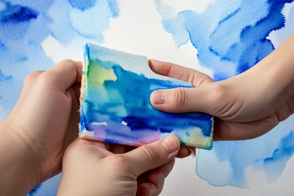 Nahaufnahme vom Malen blauer Schatten auf weißem Aquarellpapier für eine Schneelandschaft.