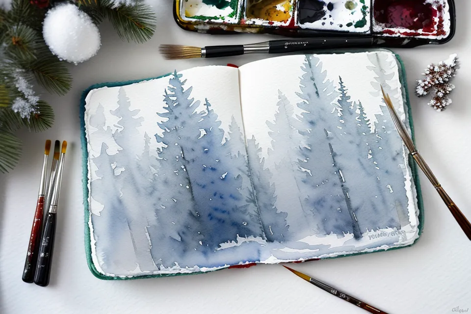 Fertiges Aquarellbild einer Winterlandschaft mit sauberem Rand und funkelnden Schneedetails.