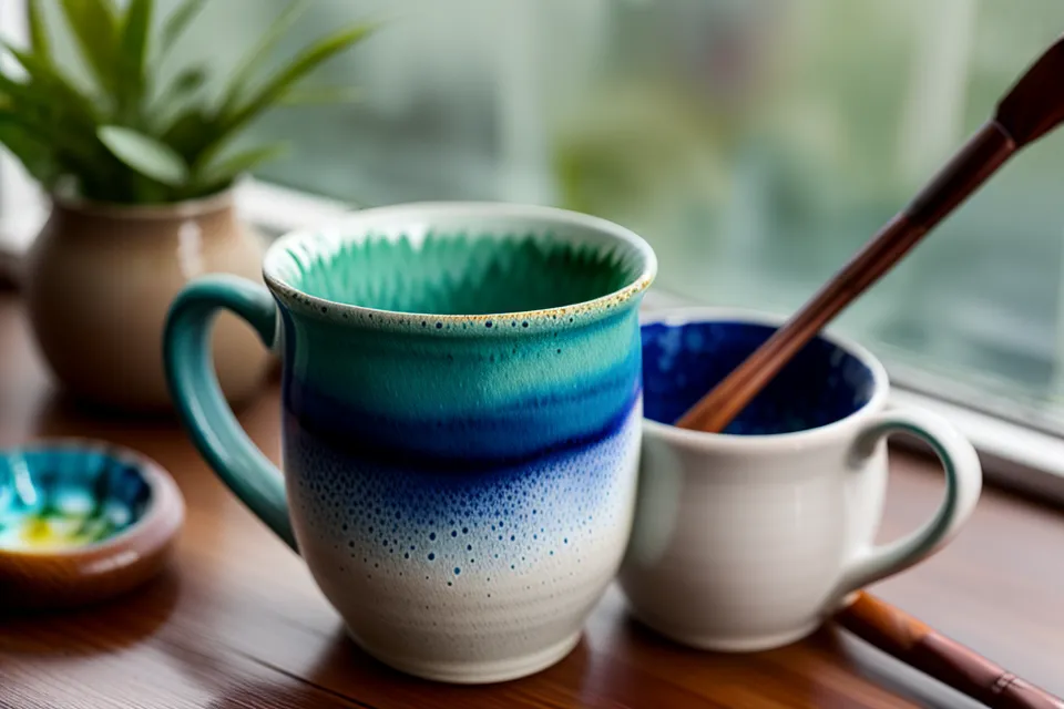 Nahaufnahme eines Pinsels beim Mischen von Aquarellfarben neben einer Kaffeetasse.
