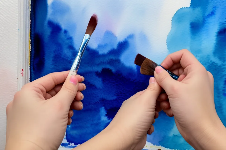Eine Hand führt einen Pinsel mit Griffhilfe über Aquarellpapier für entspanntes Malen.