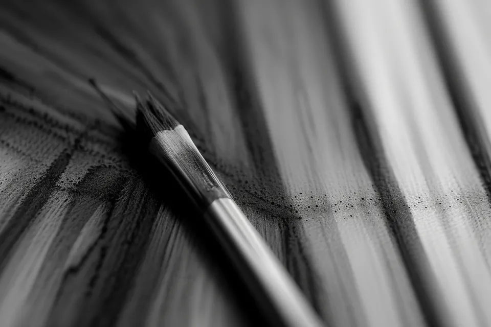 Ein Bleistift und ein Aquarellpinsel liegen nebeneinander auf einem Holztisch.