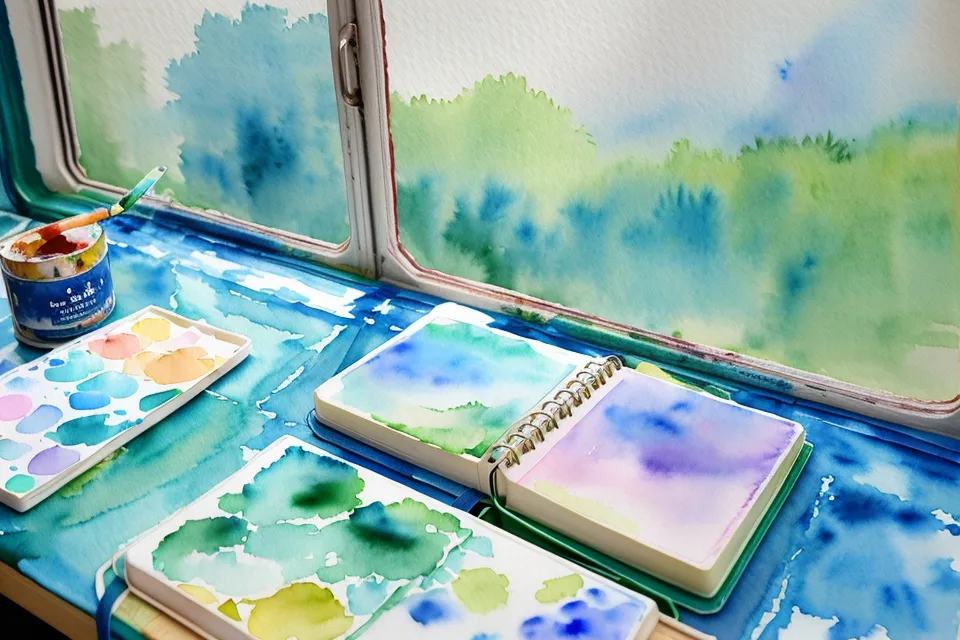 Ein DIN A5 Aquarell-Skizzenbuch auf einem Tisch im Zug während einer Reise.