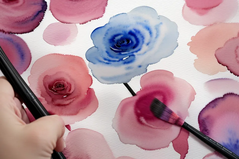 Nahaufnahme eines Pinsels, der eine zarte Aquarell-Blüte ohne Vorzeichnung malt.